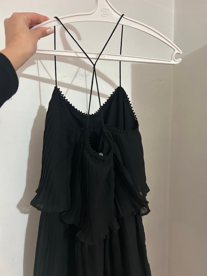 Siyah Askılı Volanlı Midi Kadın Elbise - Görsel 3