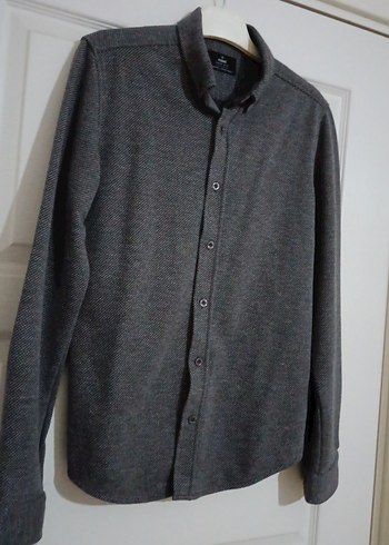 Düğmeli Gri Erkek Yün Gömlek - Görsel 2