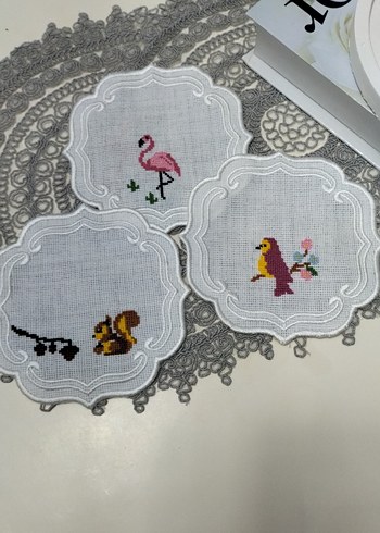 kahve Yanı Nakışlı Vintage Kuş Desenli Peçeteler