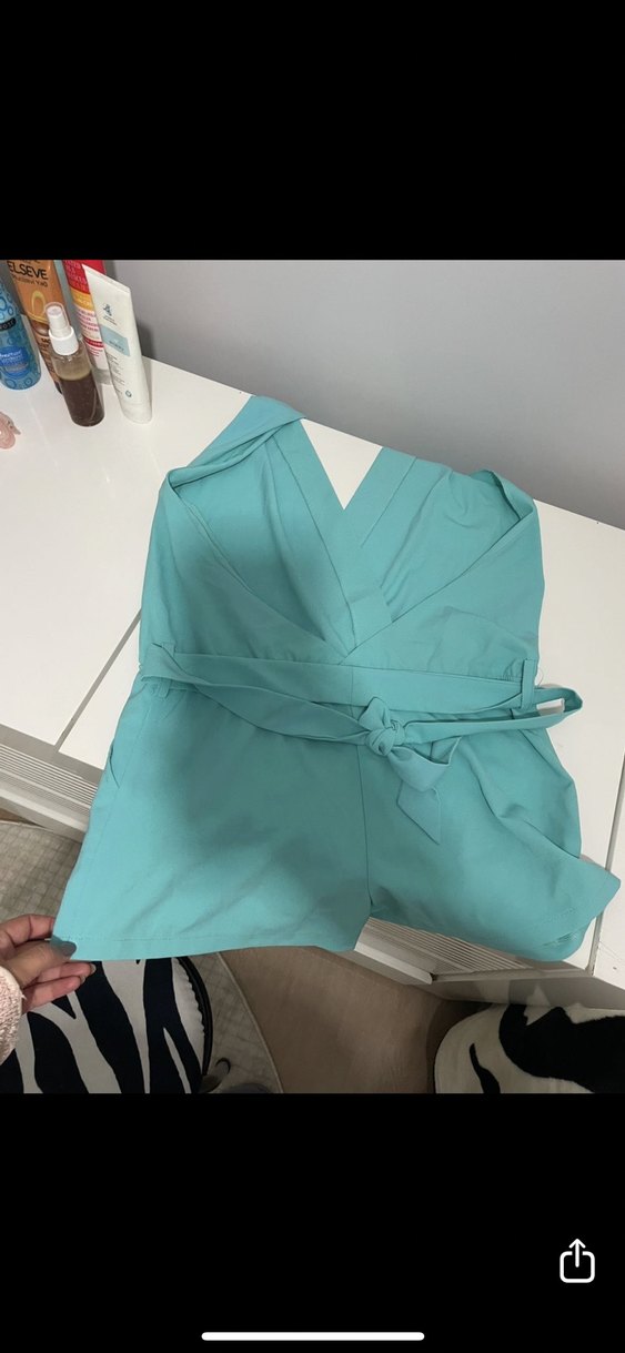 Kadın Turkuaz Mini V Yakalı Tulum - Görsel 3