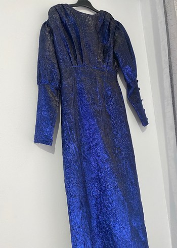 Uzun Lacivert Drapeli Kadın Elbise - Görsel 5