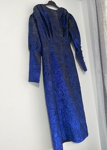 Uzun Lacivert Drapeli Kadın Elbise - Görsel 3