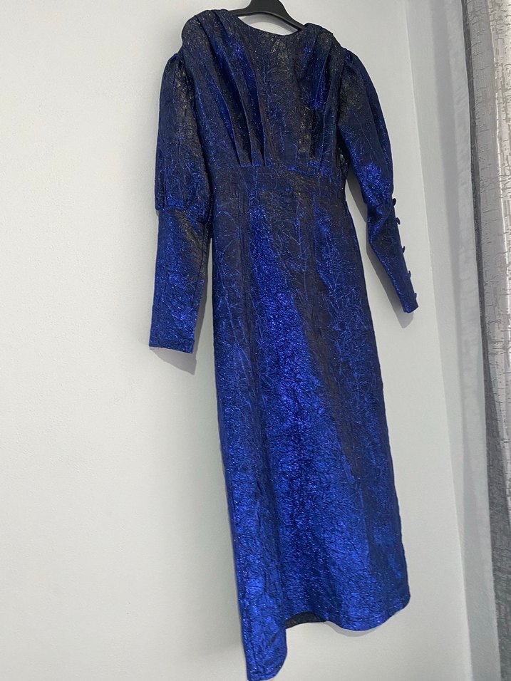 Uzun Lacivert Drapeli Kadın Elbise - Görsel 2