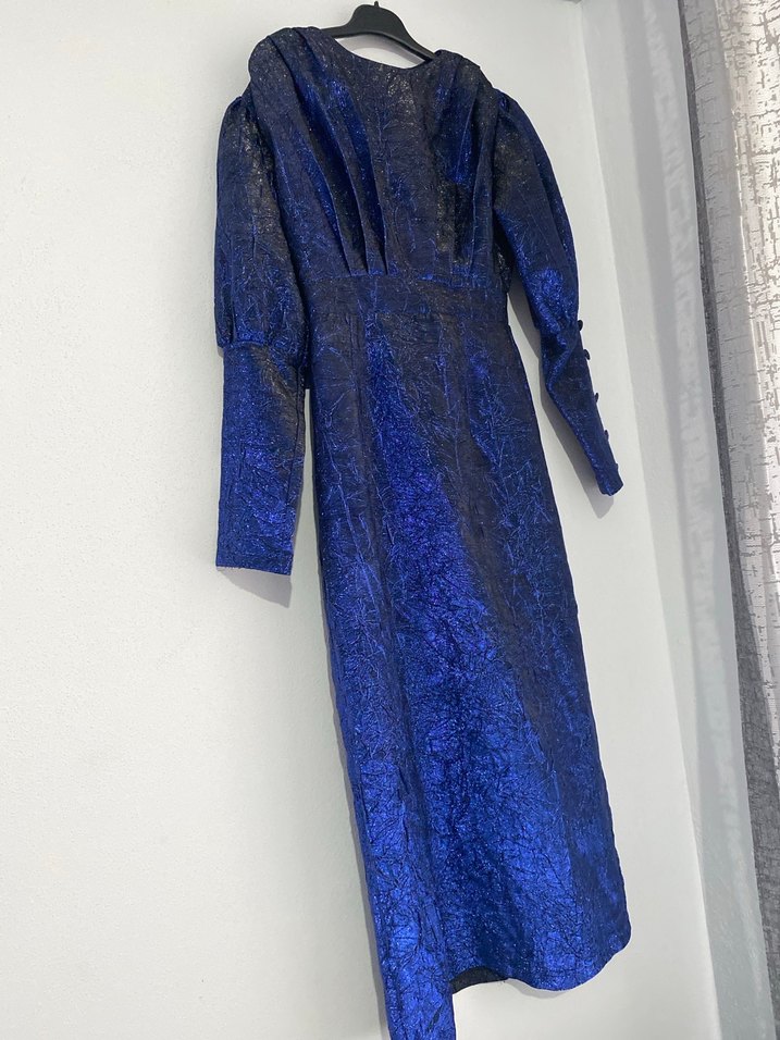 Uzun Lacivert Drapeli Kadın Elbise - Görsel 3