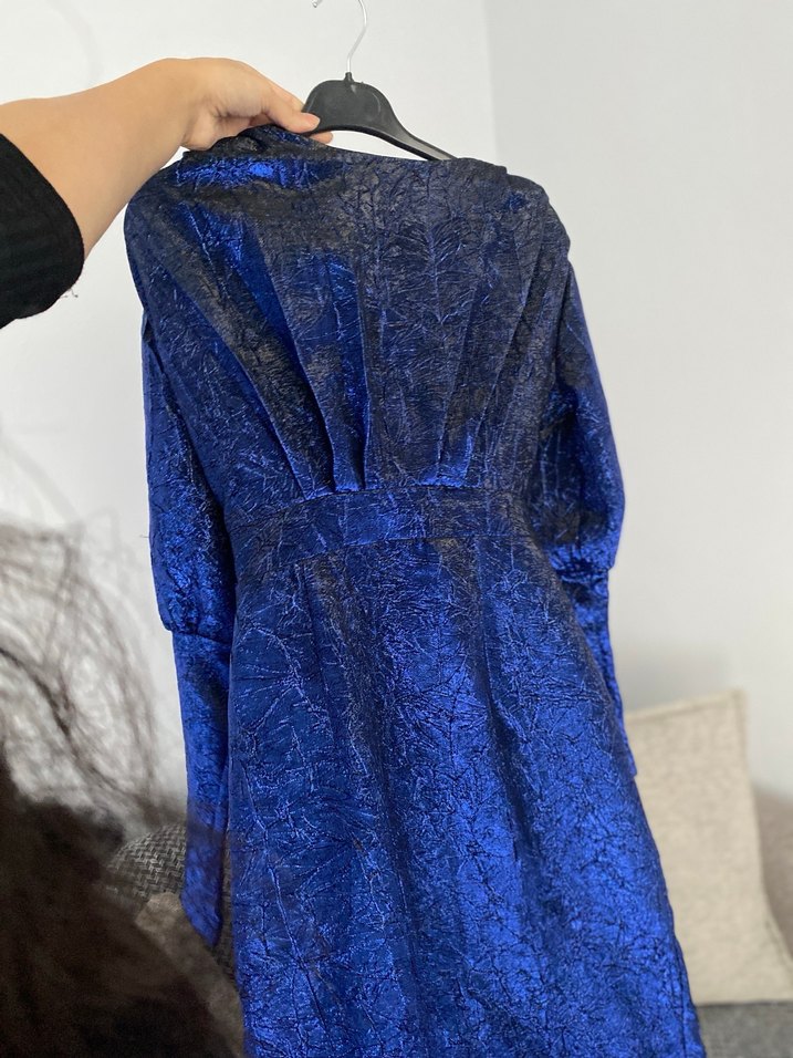 Uzun Lacivert Drapeli Kadın Elbise - Görsel 4