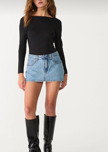 Kadın denim ici sortlu mini etek - Görsel 2