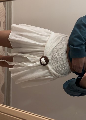 Beyaz Keten Belden Bağlamalı  Etek - Görsel 3