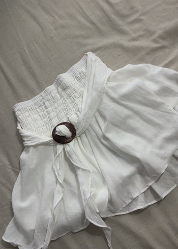 Beyaz Keten Belden Bağlamalı  Etek - Görsel 2