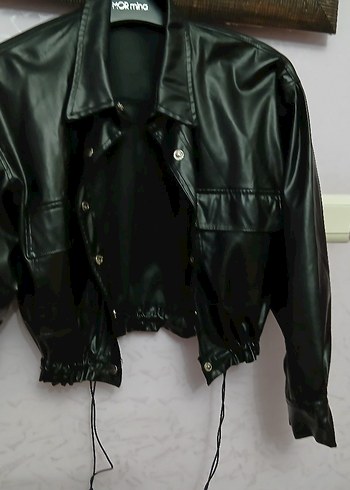 Düğmeli Siyah Parlak Deri Biker Ceket - Görsel 2