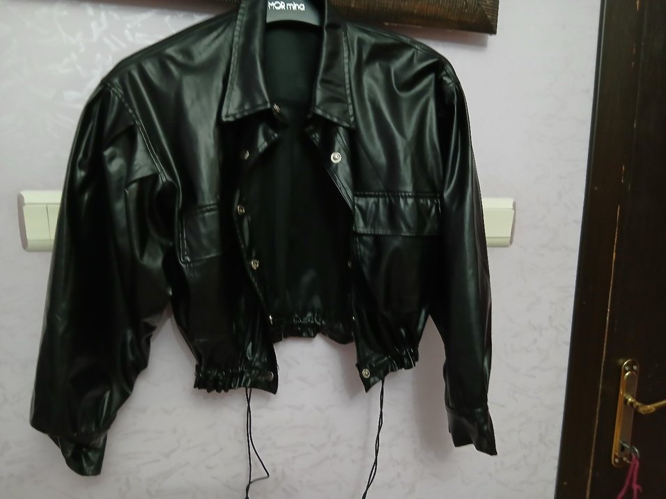 Düğmeli Siyah Parlak Deri Biker Ceket - Görsel 2