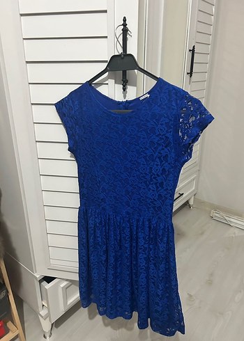 Dantel Detaylı Koyu Mavi Midi Elbise - Görsel 2