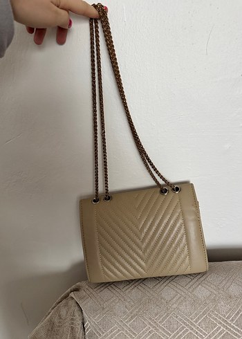 Zincir Detaylı Bej Deri Kadın Çanta - Görsel 2