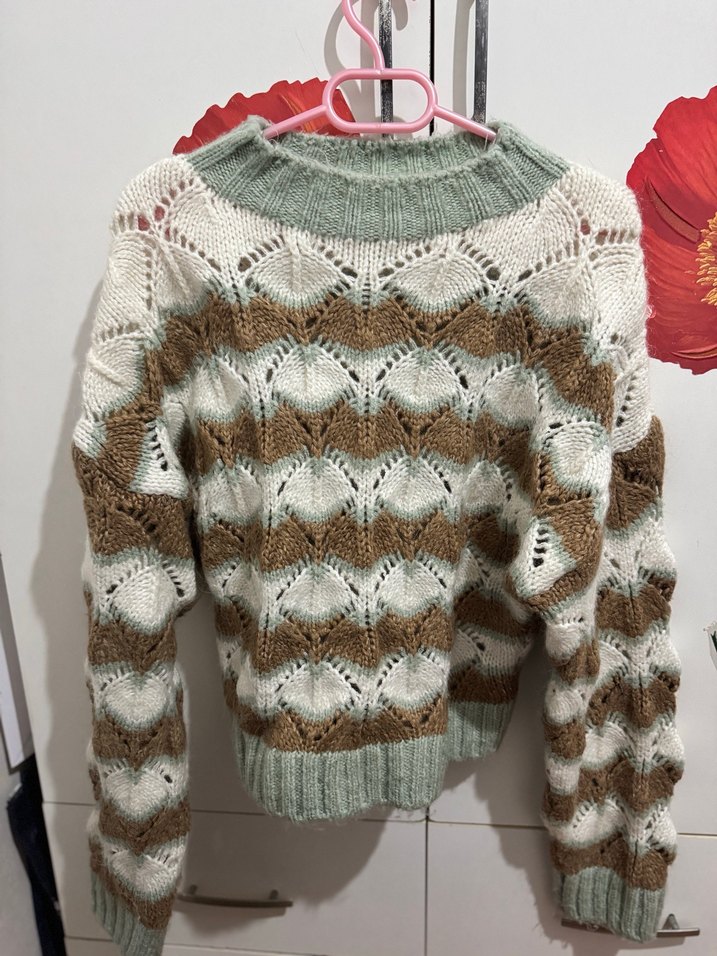 Bohem Tarz Bej Örgü Kazak - Görsel 3