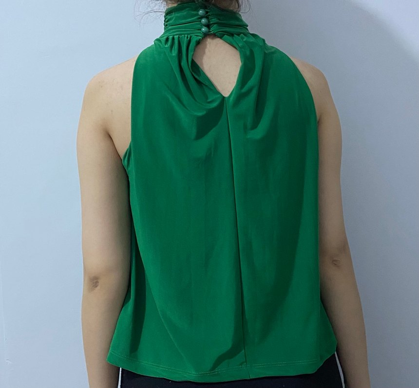 Drapeli Yüksek Yakalı Yeşil Kadın Bluz - Görsel 2