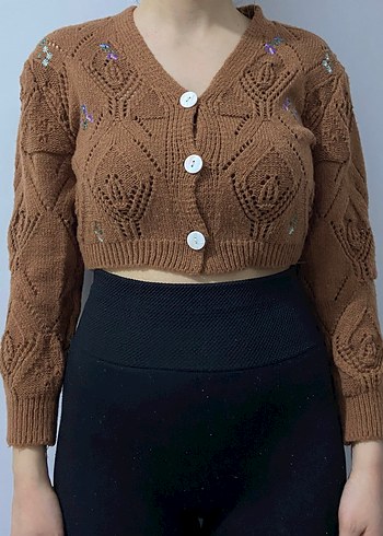 Kahverengi Örgü Mini Hırka ve Crop Top Takım - Görsel 2