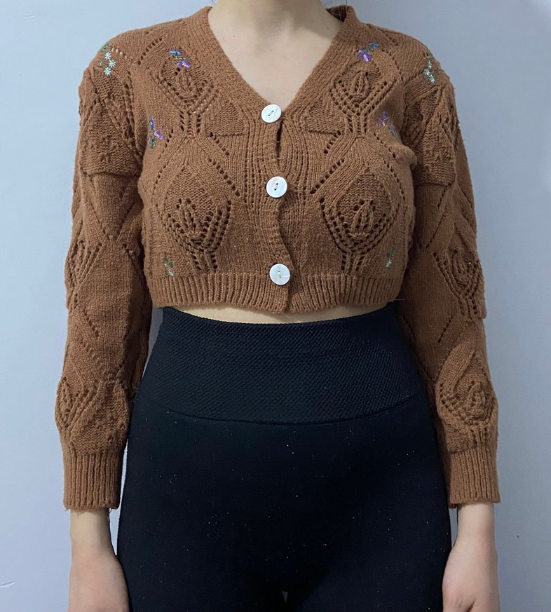 Kahverengi Örgü Mini Hırka ve Crop Top Takım - Görsel 2