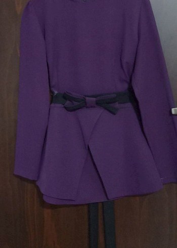 Mor, Kemerli Midi Bisiklet yaka Abiye Bluz ceket - Görsel 3