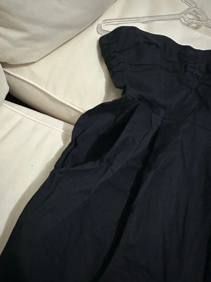 Siyah Askısız Drapeli Midi Elbise straplez - Görsel 3