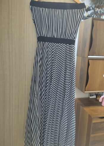 lacivert beyaz Çizgili Uzun Straplez Elbise - Görsel 3