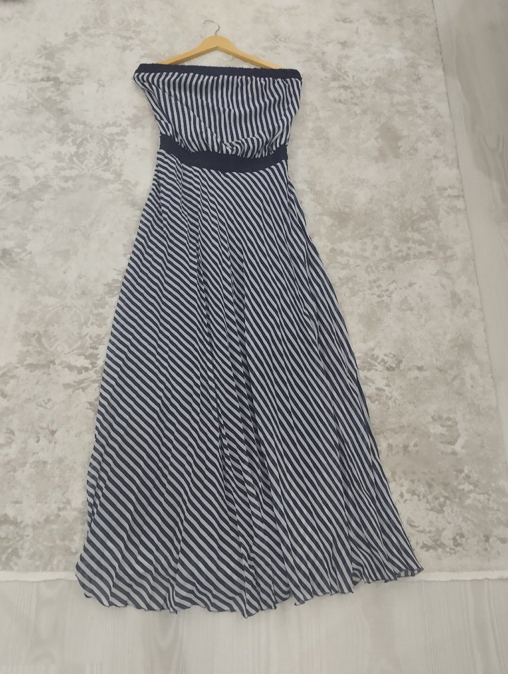 lacivert beyaz Çizgili Uzun Straplez Elbise - Görsel 4
