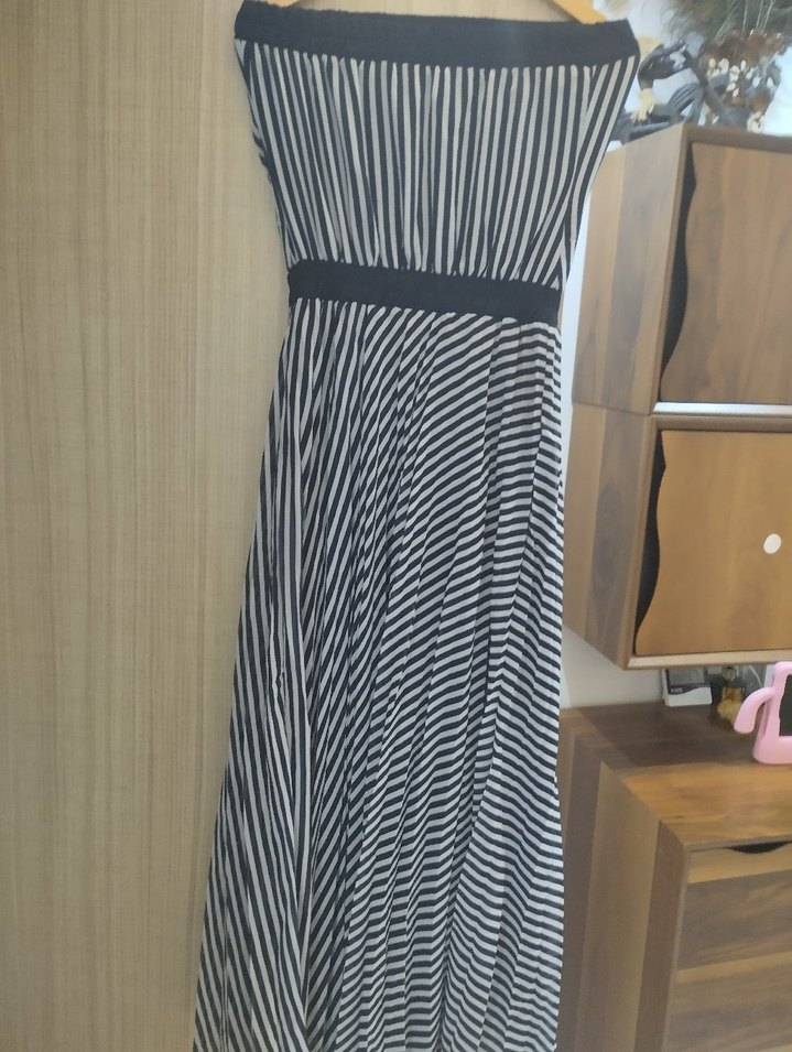 lacivert beyaz Çizgili Uzun Straplez Elbise - Görsel 3