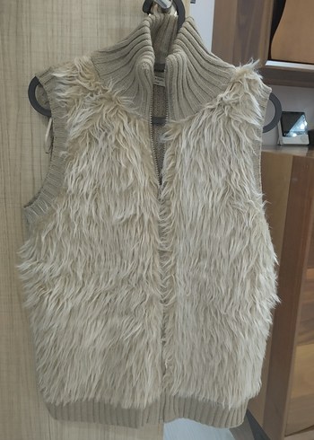 Sütlü kahve Kürklü Yelek, Yüksek Yakalı, Düz Model - Görsel 2