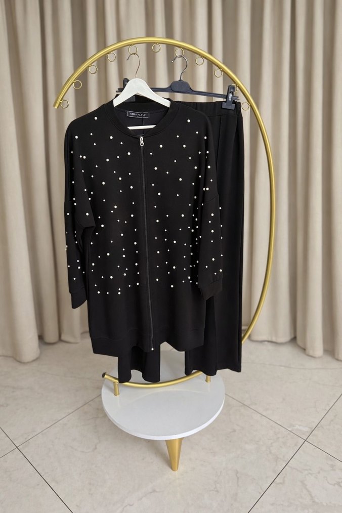 Oysho kumaş İnci işlemeli Siyah Kadın Uzun Ceket takıım - Görsel 2