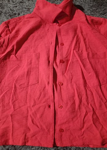 Kısa Kollu Keten Kırmızı Gömlek - Görsel 3