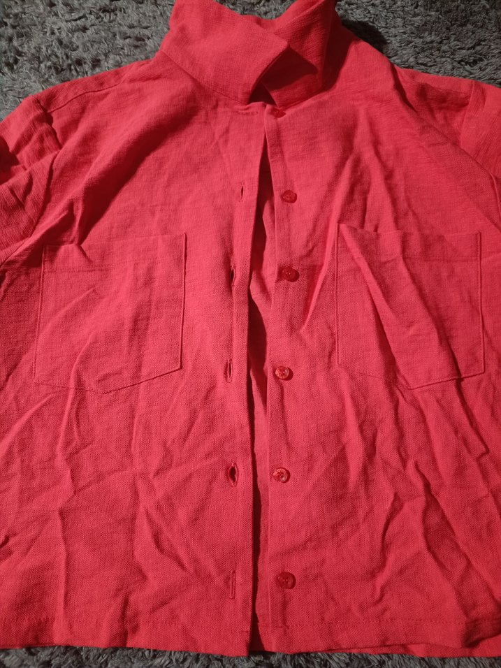 Kısa Kollu Keten Kırmızı Gömlek - Görsel 3