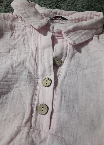 Düğmeli Pudra Pembe Keten Kadın Gömlek - Görsel 4