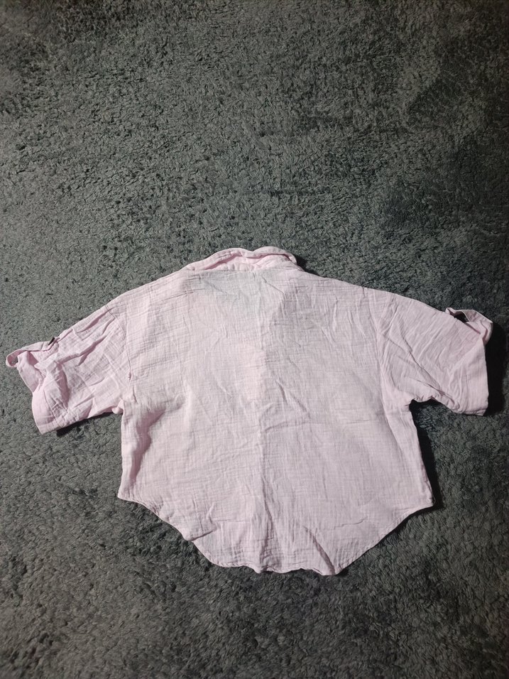 Düğmeli Pudra Pembe Keten Kadın Gömlek - Görsel 2