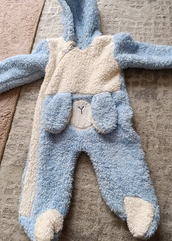 Mavi Peluş Bebek Tulumu Kapüşonlu - Görsel 4