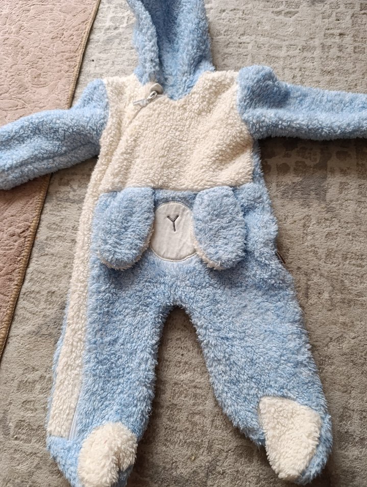 Mavi Peluş Bebek Tulumu Kapüşonlu - Görsel 4