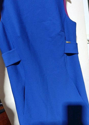 Mavi Düğmeli V Yaka Midi Elbise - Görsel 2