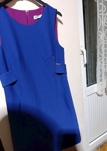 Mavi Düğmeli V Yaka Midi Elbise - Görsel 4