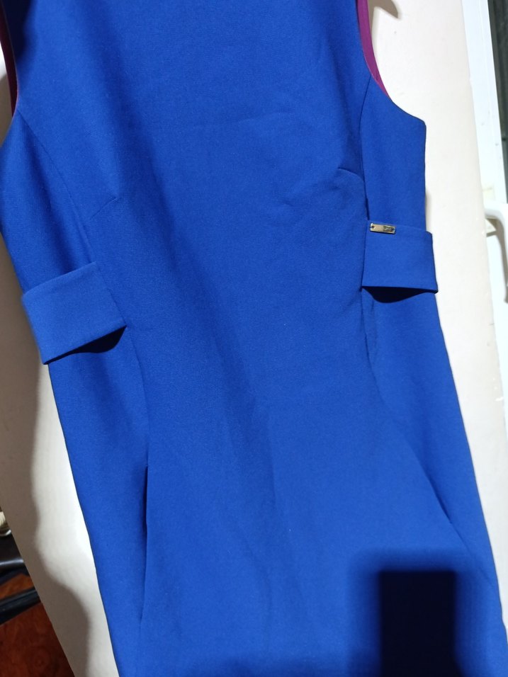 Mavi Düğmeli V Yaka Midi Elbise - Görsel 2