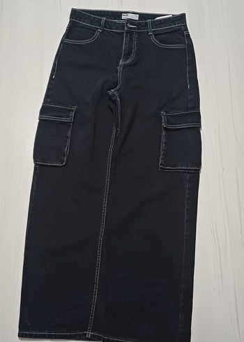 Siyah Kemerli Bol Kesim Kadın Kot Pantolon - Görsel 2