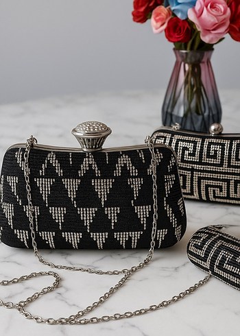 Boncuk İşlemeli Siyah Örgü Kadın Clutch Çanta - Görsel 2