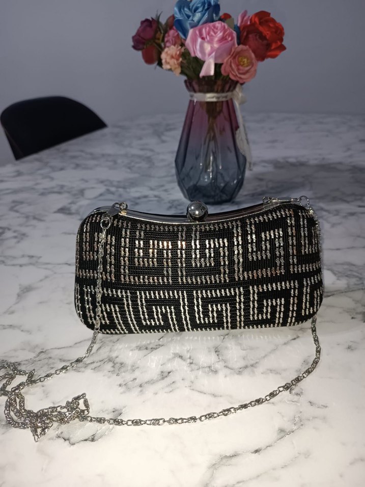 Boncuk İşlemeli Siyah Örgü Kadın Clutch Çanta - Görsel 4