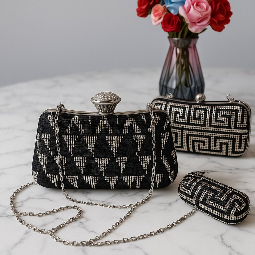 Boncuk İşlemeli Siyah Örgü Kadın Clutch Çanta - Görsel 2