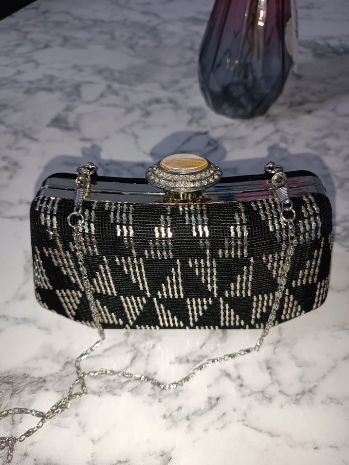 Boncuk İşlemeli Siyah Örgü Kadın Clutch Çanta - Görsel 3