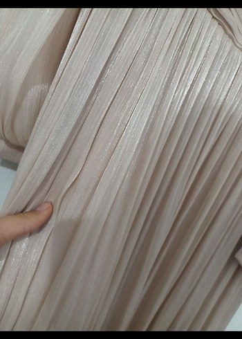 Bej Piliseli Uzun Kollu Abiye Elbise - Görsel 3