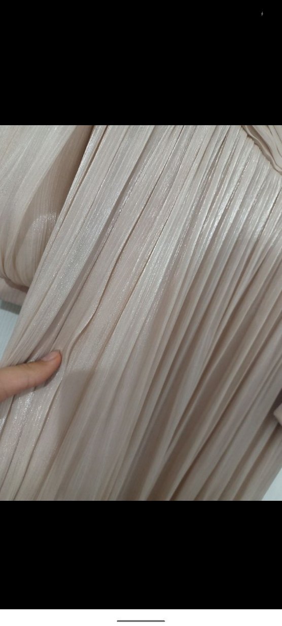 Bej Piliseli Uzun Kollu Abiye Elbise - Görsel 3