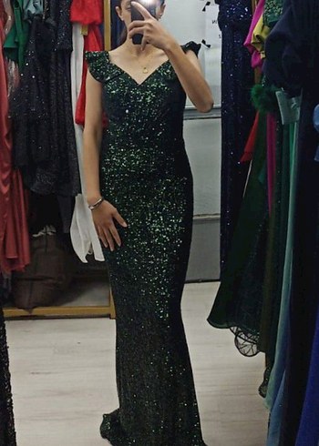 Yeşil Parlak Yılan Desenli Uzun Abiye Elbise - Görsel 2