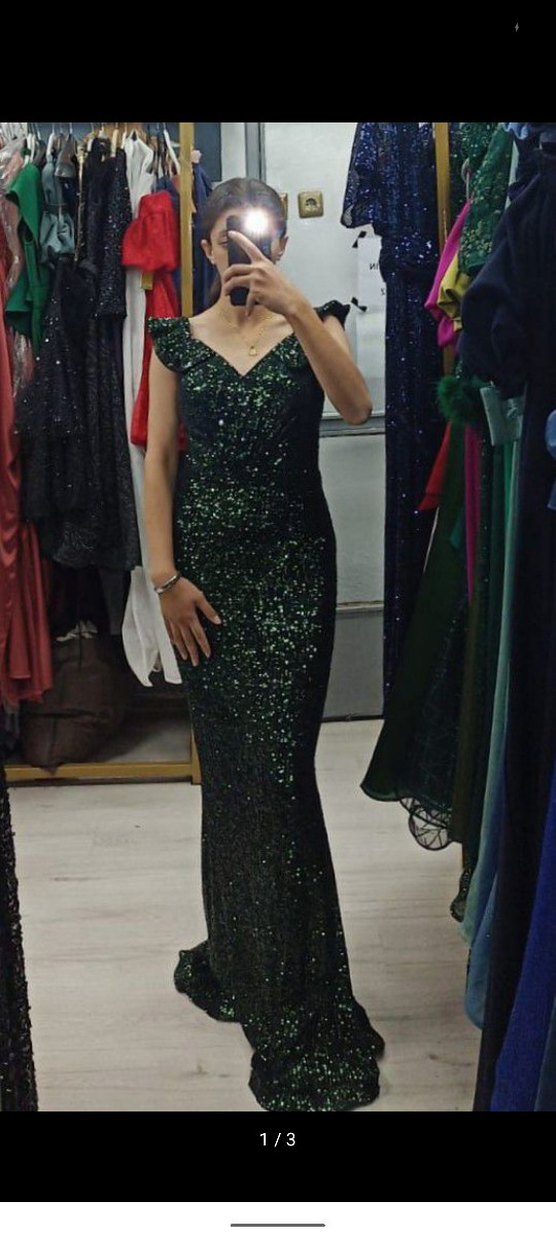 Yeşil Parlak Yılan Desenli Uzun Abiye Elbise - Görsel 2