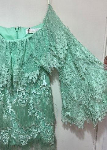 Turkuaz Dantel Mini Bohem Uzun Kollu Elbise - Görsel 3