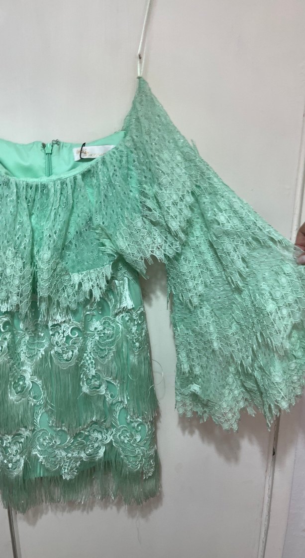 Turkuaz Dantel Mini Bohem Uzun Kollu Elbise - Görsel 3