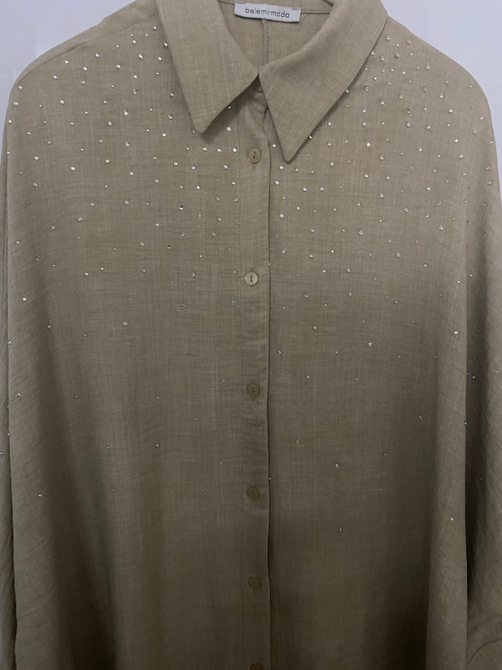 Bej Uzun Yarasa Kol Pırıltılı Kadın Gömlek - Görsel 2