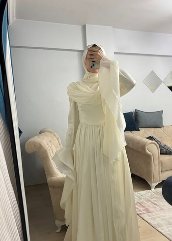 Uzun Bej Drapeli Tesettür Abiye - Görsel 3