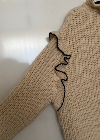 Nakışlı, uzun kollu, bej triko kazak - Görsel 8
